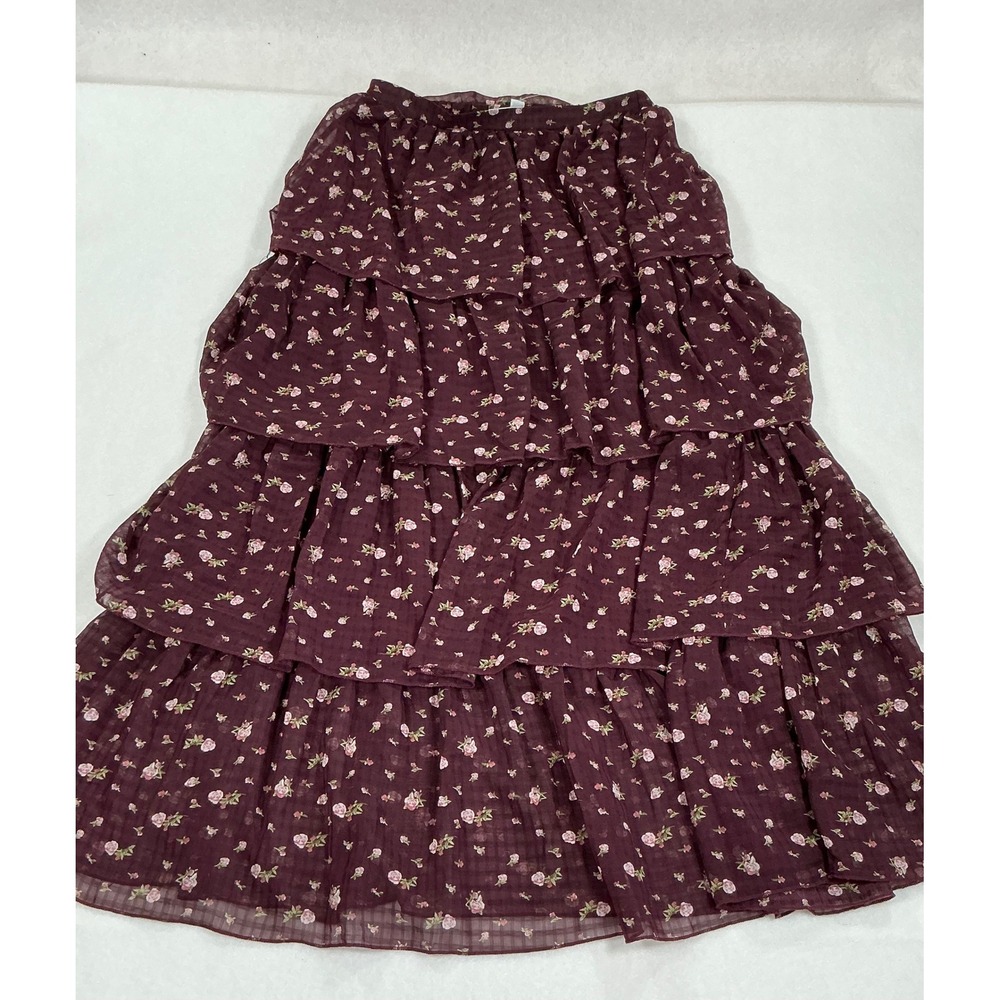 And Now This Wine Floral Tiered Maxi Skirt Small BHI-4499M Burgundy Boho Ruffle